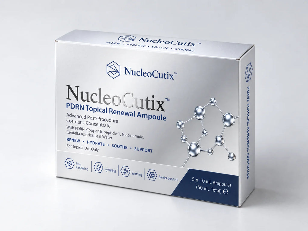 NucleoCutix PDRN Topical Renewal Ampoule box of 5 x 10 mL, angled front view