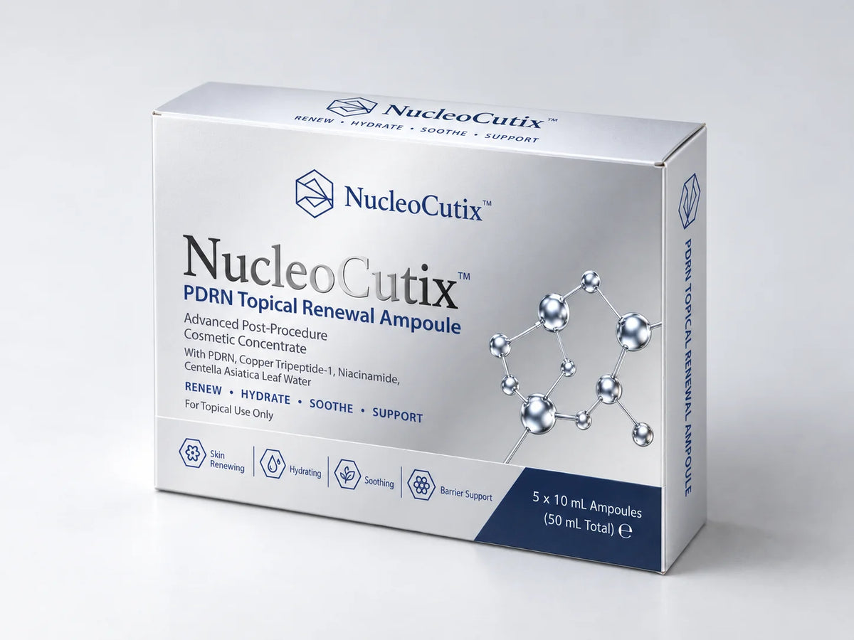 NucleoCutix PDRN Topical Renewal Ampoule box of 5 x 10 mL, angled front view