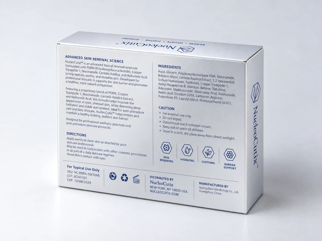 NucleoCutix PDRN Topical Renewal Ampoule back panel with ingredients, directions, and cautions