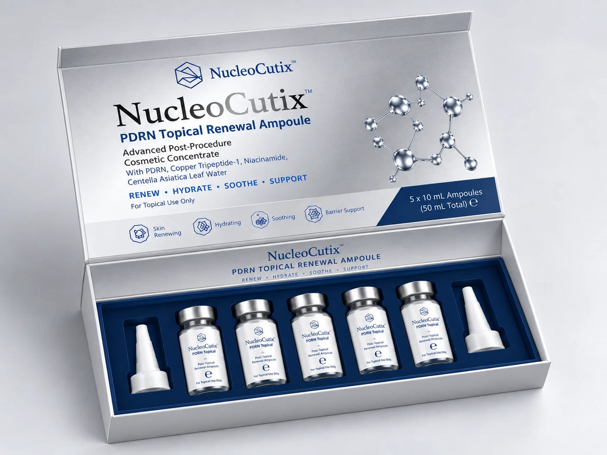 NucleoCutix PDRN Topical Renewal Ampoule open box showing five 10 mL ampoules and two dropper caps