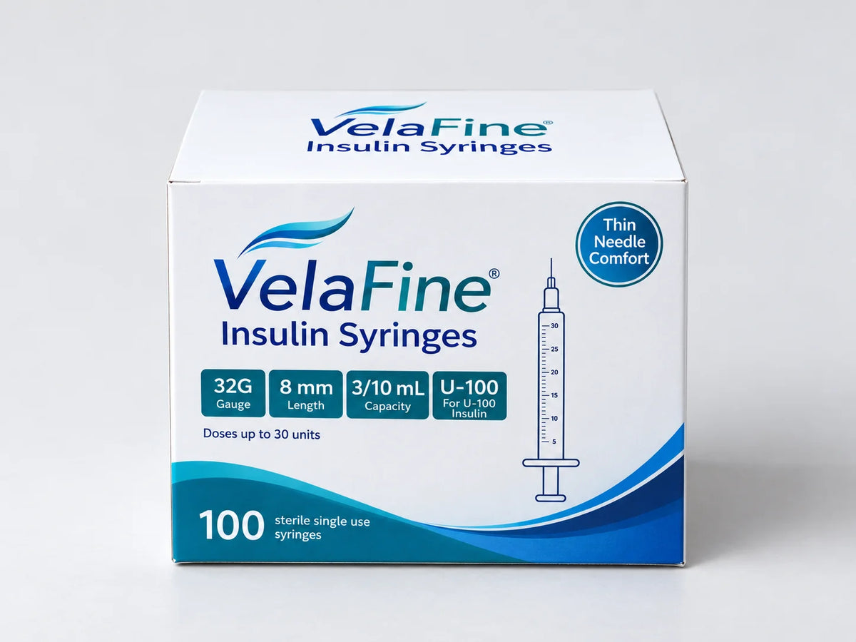VelaFine 0.3 cc Insulin Syringe 32 gauge 8 mm box of 100, front view