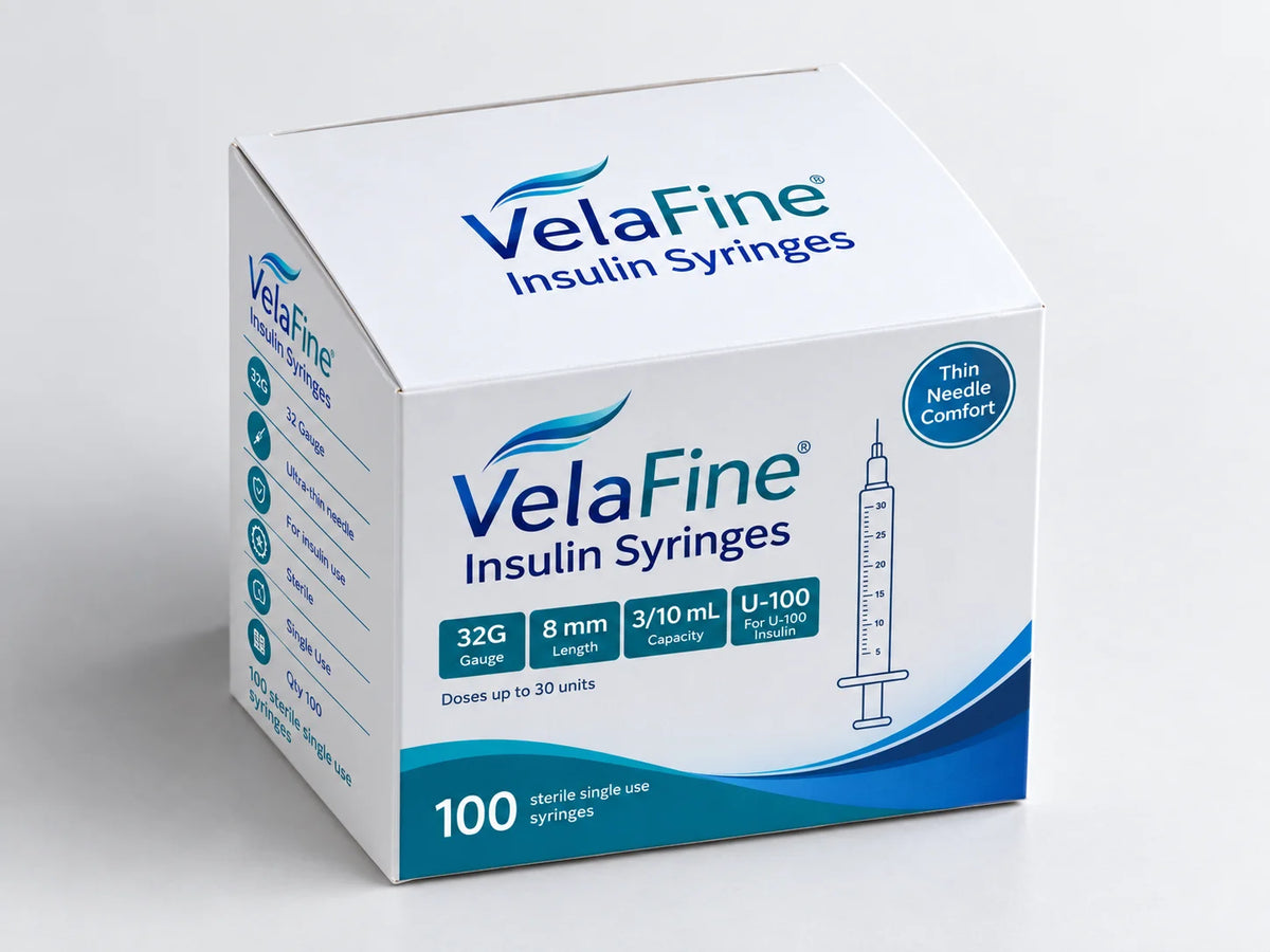 VelaFine 0.3 cc Insulin Syringe 32 gauge 8 mm box of 100, side panel with specifications