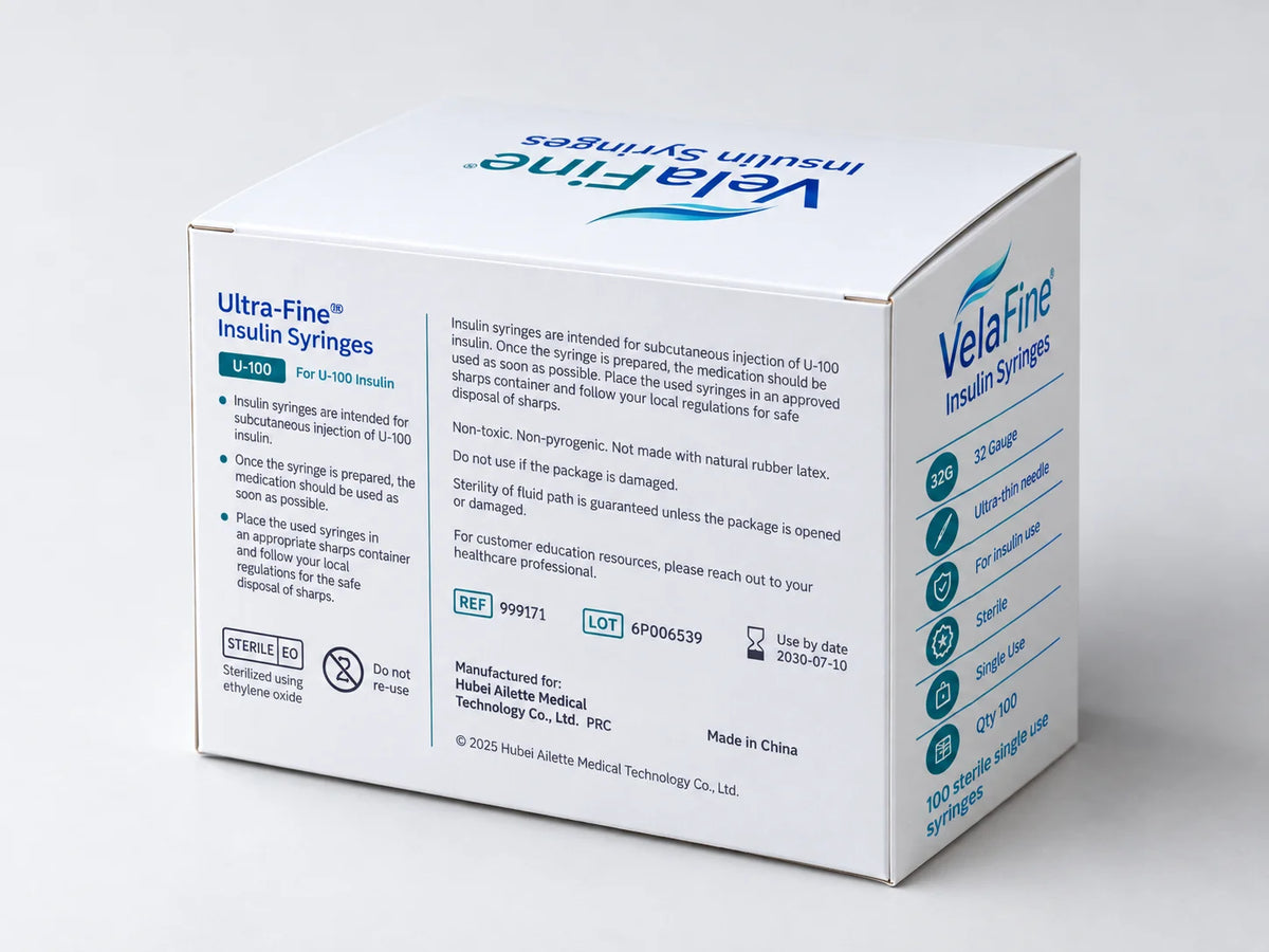 VelaFine 0.3 cc Insulin Syringe 32 gauge 8 mm box of 100, back panel with usage and sterility information